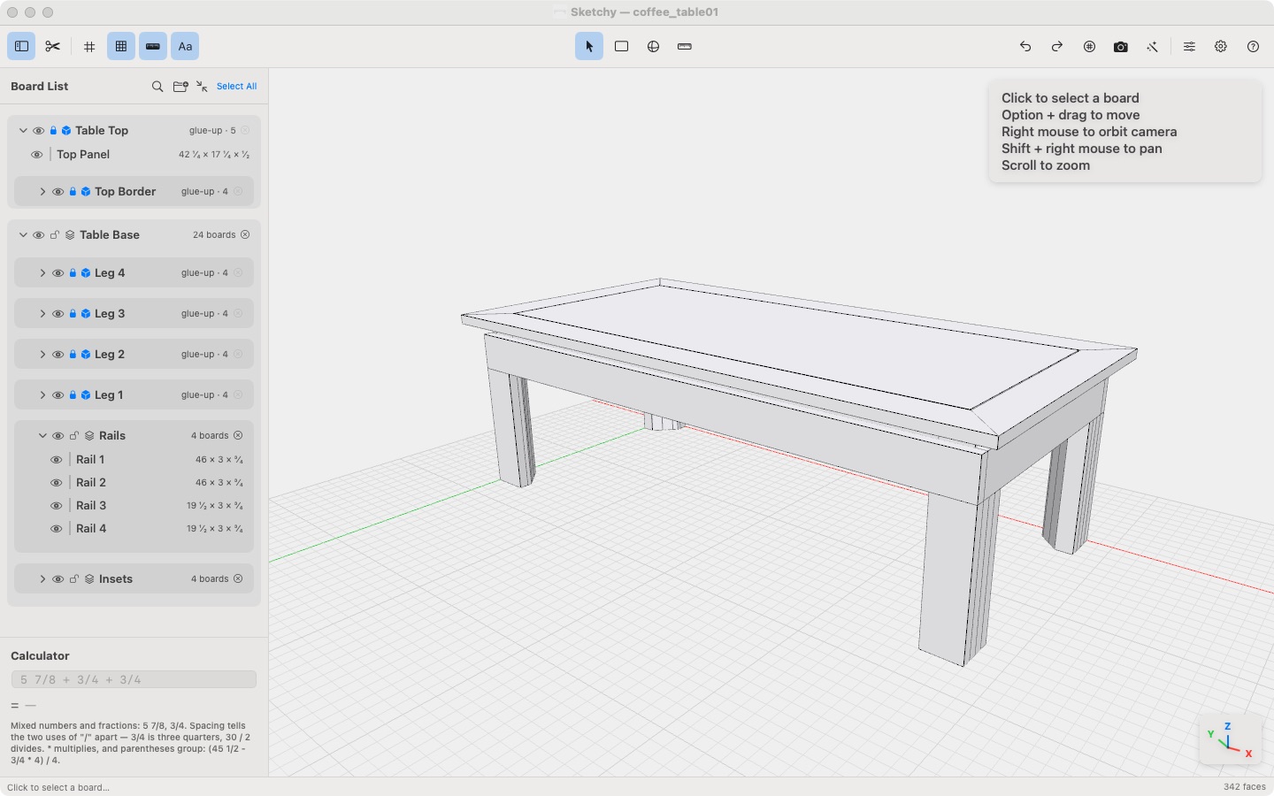 A coffee table design with the Board List and fraction calculator